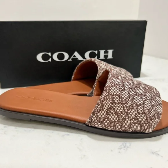 Coach Tan & Brown Signature Monogram Slide Sandals - Picture 8 of 12
